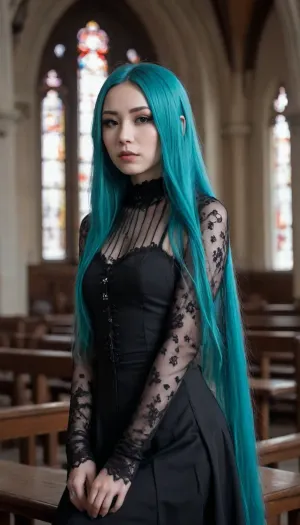 18 years old, goth girl, small and tiny long Turquoise haired Asian female model in a goth clothes in a church, {no panties}, anorexic, privates visible