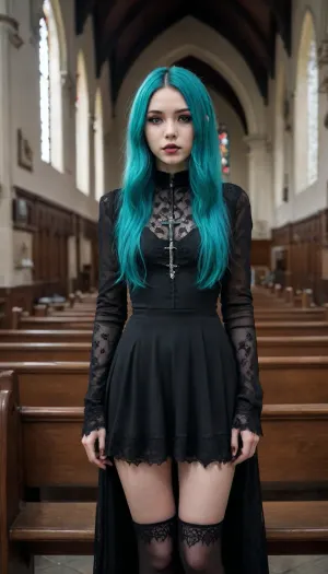 18 years old, goth girl, small and tiny long Turquoise haired Asian female model in a goth clothes in a church, {no panties}, anorexic, privates visible