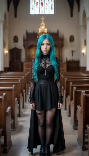 18 years old, goth girl, small and tiny long Turquoise haired Asian female model in a goth clothes in a church, {no panties}, anorexic, privates visible