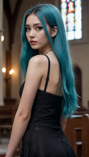 18 years old, goth girl, small and tiny long Turquoise haired Asian female model in a goth clothes in a church, posing lifting skóry, {no panties}, anorexic, privates visible