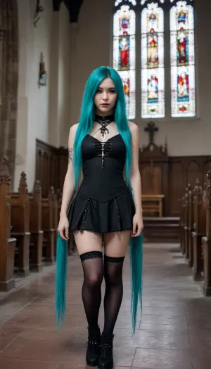 18 years old, goth girl, small and tiny long Turquoise haired Asian female model in a goth clothes in a church, posing lifting skóry, {no panties}, anorexic, privates visible