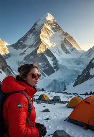 Hyperrealistic professional photo a beautiful female climber dressed in a red puffer jacket with hood and carrying a backpack, standing in middle of a mountainous high-altitude campsite. mountaineer's glacier sunglasses. Sharp focus on detailed face. Radiant smile. a monumental snow-covered mountain peak of Everest bathed in the warm golden light of sunrise. The impressive peak dominates the background, creating a striking silhouette against the sky. Below the peak, a snowy expanse stretches across the scene. The foreground shows a tent-filled campsite with scattered climbing gear, indicating a Everest base camp for climbing and exploration. The atmosphere reflects a sense of adventure, awe, and the challenges of high-altitude travel. cool light filter. 8k, <lora:add-detail-xl:1.8>, <lora:MJ52:.5>