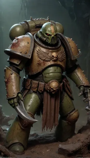 ((Plague Marine)), a lot of rust and cracks in the armor, intestines from the stomach, no helmet, vomit, A battle scythe in hand, metal corrosion, tentacles fall out of a hole in the stomach. Death Guard, plague, Nurgle, flies, rot, Dark, Fantasy, page, bile, moisture, mold, <lora:AdvancedEnhancerXLv2:2>, <lora:Dark Fantasy:2>, <lora:262372_training_data:2>, <lora:Astartes-000007:2>
