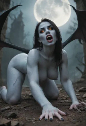 Salma is 22 years old and a witch in revolt, very long straight black hair, Large, white, (The pupils of the cat's eyes are orange in color), Salma has sharp yellow fangs, A well-defined, beautiful mouth, (Sharp fangs), small narrow nose, Salma's face and body are covered with scars, big standing tits, dark swollen nipples, narrow waist, wide hips, wide butt, (bony hands with long black claws), pale blue skin with ulcers, (She has pale blue skin), There are black claws on the soles of the feet, Salma in the old, pubic hair, gloomy cemetery, Fog is hovering over the cemetery, and the moon is full, He stands on all fours with his terrible fanged mouth open, (The huge bat wings on her back), Salma's close-up