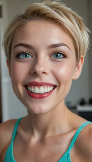 highly detailed picture of a young woman 22 years old with a radiant, open smile. skinny, full body in view, nude, bedroom, uberfit, muscular, athletic, She has an oval face with a moderately strong jawline and a soft, rounded chin. Her lips are full and bright, with a vibrant red lipstick emphasizing her wide, joyful smile, revealing straight, white teeth. Her nose is small and slightly upturned, with a playful charm. Her cheeks are full and lift with her smile, showing natural flush.
Her eyes are a clear, light blue, wide and bright, conveying happiness. Her eyebrows are thin, light blonde, and subtly arched, almost disappearing into her hair color. Her forehead is smooth and clear, partially covered by her distinctive hairstyle.
Her hair is a striking, multi-toned style. The dominant color is a very light, almost platinum blonde, with distinct sections of vibrant teal or mint green mixed in, particularly on the top and sides, and a streak of brighter blue visible. The cut is a modern, edgy, layered pixie style. The top layers are short and spiky, pointing upwards and slightly forward, giving it volume and texture. The sides are cut shorter, possibly shaved or faded, while longer strands frame her face and extend past her ears, creating a dynamic contrast.
The lighting is direct and bright, highlighting her features and the vivid colors of her hair. The background is dark and indistinct, possibly a blurred interior, keeping the focus entirely on her face. The image should capture her lively personality, with exceptional detail in the hair texture, the sparkle in her eyes, and the sincerity of her smile. The style should be photorealistic with a focus on capturing her unique and expressive look., <lora:uberfit_lora_sdxl:.4>, <lora:EnvyCuteXL08:.8>