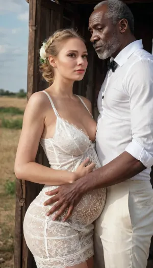 memorable wedding photo, big perky boobs, 1 stunning, (((sad russian bride))), pregnant, ponytail, messy dark blonde hair and radiant skin in a deeply cut V-neck lace, (((sexy micro short dress wedding))), gown with sheer, (((White fishnet hold-ups))), exuding hot and seductive charm, 1 very bad, (((african old man))), bad fat features in black suit, standing close, both confidently, in an African countryside ghetto ultra detailed image, best quality, photorealistic style, no distortion, torn, fly, down, at, _______, <lora:tornclothesv6-8:.8>, <lora:405168_training_data:.8>
