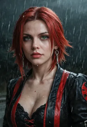 BloodRayne, a fierce dhampir vampire hunter, pale skin, long red hair, piercing green eyes, standing in a dark gothic environment with rain and neon reflections, cinematic lighting, detailed face, realistic textures, ultra-detailed, 8k, photorealistic, dramatic shadows, cinematic portrait, RAW photo, realistic fantasy style