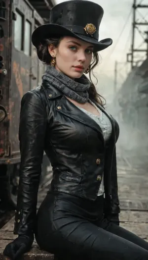 busty young woman queen of old London with a slender figure, wavy black hair, large breasts, detailed skin, near a steam locomotive, steampunk, fog, steam, in a black leather coat and leather black pants, and long black gloves, a black hat on her head, a cashmere long scarf on her neck, a ring with a ruby ​​on her finger, earrings with rubies in her ears, a hawk sits on her shoulder, cinematic composition, dramatic shadows, moody blue-green lighting, photorealistic, ultra-detailed environment, high contrast, film-grain realism, 8k, RAW photo aesthetic