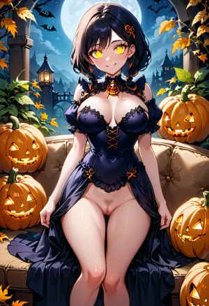 Anime, Isekai anime, hentai style. Imagine a moonlit night, where shadows dance on the walls and pumpkins with glowing eyes illuminate the way. Our protagonist is a beautiful girl with long black hair, dressed in an exquisite dress adorned with cobwebs and autumn leaves. The dress is completely sheer, revealing her entire body, her magnificent breasts, her shaved pubic area, and her inviting pussy. Her expressive eyes are full of secrets, and her smile is like moonlight, simultaneously alluring and eerie. She reclines on a sofa, seemingly carved from a pumpkin, and behind the sofa stands Jack-o'-lantern, holding a gothic lantern. Draw inspiration from this image and create stunning works of art that capture the magic and atmosphere of this spookily interesting Halloween.