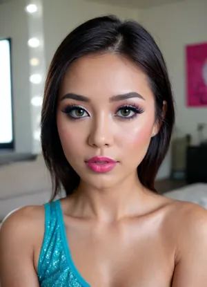 A pretty slender Asian girl decided to earn money and went to the casting office. The operator immediately liked the chick and he arranged sex with an Asian woman very soon., ((makeup:1.5), long blue eyelashes, olive eyeshadow with glitter), (lips:1.2), pink lipstick, The slender bitch undressed and settled down on the couch, after which the guy licked her pussy, and also forced her to suck a dick. The dark-haired girl coped with the task perfectly by swallowing the penis. After enjoying a blowjob, the dude began to passionately tear a young Asian woman in the vagina. Skinny Aurora Winters moaned gently and had a wonderful orgasm. At the final stage, the cameraman finished on the girl's face.