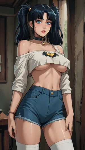 Score_9, score_8_up, score_7_up, (reiq meets markgavatino artstyle), batgirl, (milf:1), (milf, mom, stepmom), (mature face), medium length hair, long black hair, messy hair, (denim shorts), (underboobs:1.3), (large breast), thick lips, beautiful hyper big round eyes light blue eyes, looking at viewer, alluring, inviting, dynamic pose, (standing), perfect skin, extremely beautiful face, messy bedroom, high gap, wet shiny skin, body, hinata waist, pigtails, ribbons, collar, full lips, blushing, perfect, ass up, (off shoulder crop top:1.3), (thigh high socks), underboob cute, doodle, ratatatat74, <lora:cutedoodle_XL-000012:.8>, <lora:ratatatat74-000050:.8>, <lora:NEOTOKIOXL_0.2_RC:.8>, <lora:outline_xl_kohaku_delta_spv5x:.8>