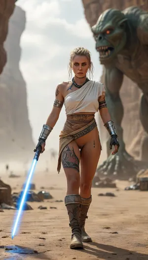 Star Wars Style, heroic full body action image of a 28 years old female dignified solo Jedi Warrior, fighting in huge spaceport on desert planet against a huge alien-Orc, (crazy Alien-Orc:1.7), (the Jedi toga, which was unintentionally opened wide during the fight, allows a view of her trained body:1.6), highly detailed opened Jedi costume, (beige fishnet stockings:1.2), (cape:1), slender, slim waist, perfect face, long blonde matted dreadlocks, flat breasted, sweating skin, dirt, perfect tanned skin, lucky charm necklace, (perfect lightsaber:1.5), perfect hands, belt, highly detailed face, (small waist:1), (tiny erect nipples:1.3), (bubble butt:1.2), (thick thighs:1.3), (long legs:1.3), (multicolour hair:1.2), (beads in hair:1.3), (nude:1.2), (full body view:1.2), (all over tribal tattoo:1.7), (full thigh tribal tattoo:1.3), (piercing:1.2), (perfect eyes:1.4), 8k, grassy plains, desert, floating warm sunlight, Background, (millennium falcon), R2-D2, shipyard, many droids Background, many droids, intricate detail, highly detailed, breathtaking, panoramic, cinematic, (3D, Framed, Woman), Macabre, FRESHIDEAS, Real, Photography, 2#, cloudy, smoke, atmospheric, clouds, fog, <lora:MJ52:1.4>, <lora:FRESHIDEAS Real Photography 2#:.4>, <lora:Cloudy_Style:.8>