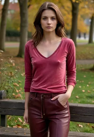 (masterpiece, best quality:1.2), 1 czech 35yo woman, (dark old rose baggy velvet small v-neck shirt, leather pants:1.4), outdoors, longest brunette hair, hair combed back to tight ponytail, green eyes, in sunny cold autumn bohemian castle park, photorealism, she is relaxing on a bench, flat, chested, braless, Wearing, clothes, that, make, sense, with, Braless>, <lora:style_lora_realis:.5>, <lora:flat_chested_v3.5:.5>, <lora:bralessSDXL_v1_00022:.5>