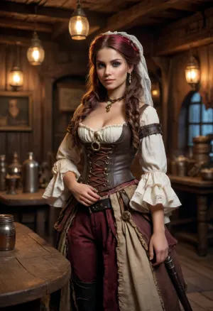 Transform a feminine pirate bride into a collectible toy figure, she is in a old pirate tavern, high dynamic, /#©KlTTY-ART/