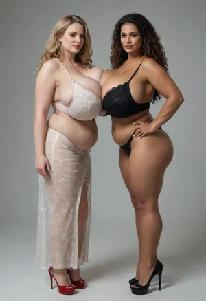absurdres, highres, ultra detailed, two mature Russia womans, extreme hourglass figure, Persian face, brown hair with blonde ginger and red high lights, very long wavy styled hair, dark tan skin, green eyes, plus size embroidered bra, ((soft lower belly)), hands cupping breasts, ((gigantic breasts, huge firm round breasts), GiganticBreastsXL), spiked heels, side view, fullview, full view