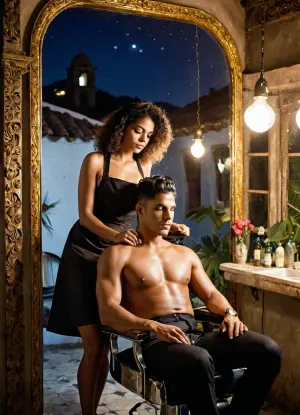 A small hair salon in a small Brazilian town. A curly-haired female hairdresser in a dark apron cuts the hair of a well-built man sitting in a barber's chair, against the backdrop of a large mirror reflecting the starry night sky, houses with mountains and a church in the distance, visible through the salon's exit. Shelves with cosmetics are visible in the background. Photorealism, High Resolution, Genre Scene Dramatic Lighting, Soft Light from Lamps Medium Shot, Composition with Mirror Reflection Complex Details, Atmospheric, Bright Colors, Detailed Shadows, Haircut