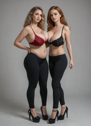 absurdres, highres, ultra detailed, ((two mature Russia random womans)), extreme hourglass figure, Persian face, brown hair with blonde ginger and red high lights, very long wavy styled hair, green eyes, plus size embroidered bra, tight gem harem pants, (slim body composition), (((soft lower belly))), hands cupping breasts, ((gigantic breasts, huge firm round breasts), GiganticBreastsXL), spiked heels, side view, fullview, full view