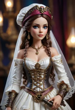Transform a feminine pirate bride into a collectible toy figure, high dynamic, /#©KlTTY-ART/