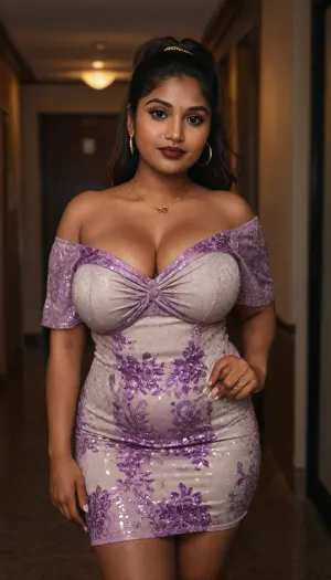 Indian sexy beautiful mature women 40 yo stylish voluptuous curvy body bbw, in a cream purple ditsy floral off shoulder mini bodycon glitter dress, thick thighs, high heels, city square, big bust, she has burgundy lipstick, elaborate black necklace big moles on cleavage.massive bust, Bracelet golden bangles, She has long hair tied in a high ponytail, seducing smirks, heart love tatto on hands, brown skin, skin, chiaroscuro, low-key, Mayra, <lora:Darker_skin_SDXL:.3>, <lora:zavy-cntrst-sdxl:.3>, <lora:Mayra-10:.7>