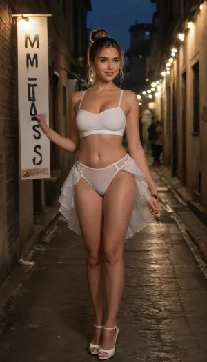 picture of a 2girl, young Latin, ((very short torso)), slim, woman, with blonde hair, french braid., ((Big ass)), (((wide hips))), she wearing a, (((transparent white pantyhouse))), (((crop top))), (((wet panties))), v-lines, visible tong, (((high heels))), standing in alley, night, ((holding a cartel sign written in spanish that says)), (((("amo las orgias con mama y papa")))), (photography, masterpiece), L1ly, Th3, Cut13, 4rt1st, 1girl, young, dress, hair, bun, smile, fairy, <lora:hd_4k_ntc:1.6>, <lora:Platform_mules-000009:2>, <lora:Lily_The_Cutie_Artist:1.7>, <lora:Madison_Beer_2024_SDXL_JugX_trigger_m4d1s0n-000066:1.8>, <lora:299579_training_data:.8>
