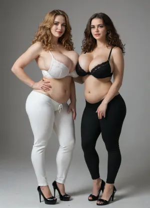 absurdres, highres, ultra detailed, ((two mature Russia random womans)), extreme hourglass figure, Persian face, brown hair with blonde ginger and red high lights, very long wavy styled hair, green eyes, plus size embroidered bra, tight gem harem pants, (slim body composition), low pregnanti, (((soft lower belly))), hands cupping breasts, ((gigantic breasts, huge firm round breasts), GiganticBreastsXL), spiked heels, side view, fullview, full view