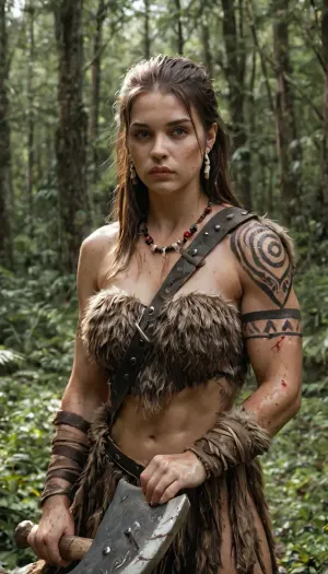 female barbarian, Dungeons and Dragons style, standing in a dense forest clearing after battle, wearing fur and leather armor adorned with bone and beads, muscular and scarred, holding a massive greataxe resting on her shoulder, tribal tattoos on arms, blood and dirt on her skin, wind blowing through her hair, cinematic natural lighting, photorealistic textures, ultra-detailed, 8k, RAW photo, realistic fantasy portrait, earthy tones, atmosphere of raw strength and pride