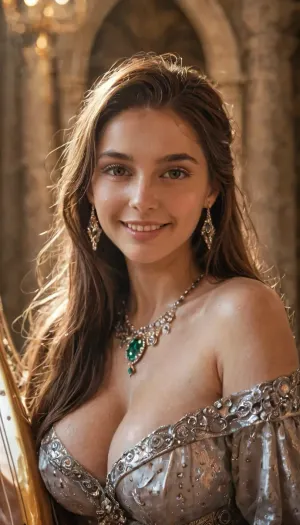 female bard, Dungeons and Dragons style, performing on a moonlit stage inside an elven court, wearing detailed elegant body chains with jewels and silk, playing a golden harp surrounded by soft glowing lights, long hair cascading down her shoulders, warm gentle smile, large breasts, pubic hair, cinematic soft lighting, photorealistic textures, ultra-detailed, 8k, RAW photo, realistic fantasy portrait, ethereal atmosphere, subtle lens flare and depth of field