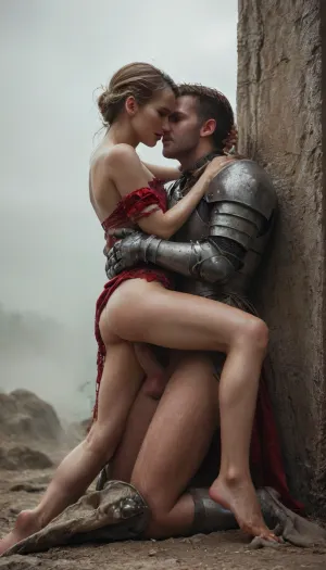 Full-body view of a skinny, flat-chested, sexy blonde noblewoman in torn victorian red ball gown, after a bloody battle, fucking gratefully knight who saved her life. Her elegant clothing is torn from battle, and drenched in sweat, she has passionate, grateful, (and devoted sex with her savior. Sex with a proud knight in armor:1.5), but without a helmet., (Passionate Sex:1.7), . Various sexual positions with an attractive knight against the backdrop of a detailed battlefield that disappears into the blur. Perfect face, perfect hands. It's a late summer afternoon. The sun is low, illuminating the scene from behind. Sunbeams refract beautifully over the battlefield. Orgasm, satisfied, gratified, smiling. The focus is on the couple. The entire image is technically designed to create a dramatic atmosphere in contrast to the battle. DonM1uth3rXL, cloudy, smoke, atmospheric, clouds, fog, fantasy, art, perfect, eyes, skin, blemish, detailed, mad-2cbrrm, mad-1cbrrm, <lora:tbh71-sdxl:1>, <lora:Cloudy_Style:.5>, <lora:Fantasy_ArtXL:.5>, <lora:polyhedron_all_sdxl-000004:.8>, <lora:Neon_Cyberpunk_Cyberarm_SDXL:.8>