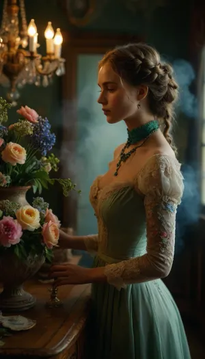 Couture, Colourful steam, beautiful lady arranging flowers in a antique vase, long gown, emerald collar, delphiniums, peony, peppermint, embroidered lace, chandelier, glittery smoke, beautiful model braided hairstyle, light rose, light green, light yellow, neon blue, and peach, <lora:MJ52:1.5>