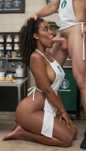 in a very fancy expensive crowded restaurant, ((close full-body view of a fat sexy slutty chubby black Jamaican barista on her knees her head held by a customer shoving his tanned cock all the way into her African mouth)), (nude except for white barista apron, gorgeous black barista giving a blowjob, white_apron, black_hair, naked_apron, apron, wide_eyes, (natural breasts covered by apron), hard erect nipples visible through white apron, (she has beautiful dark Jamaican skin), beautiful barista kneeling in a crowded restaurant, big butt, hips spread wide, unshaved wet cunt with thick curly pubic hair, (beautiful African lips around shaft of an erect white penis), deep-throat, submissive, wide-eyed, face-fuck, mouth rape, aroused, (balls–deep blowjob:1.3), oral_rape, ((man holding her head to rape her mouth)), (3 American men with erect penises beside her and behind her), blowbang)