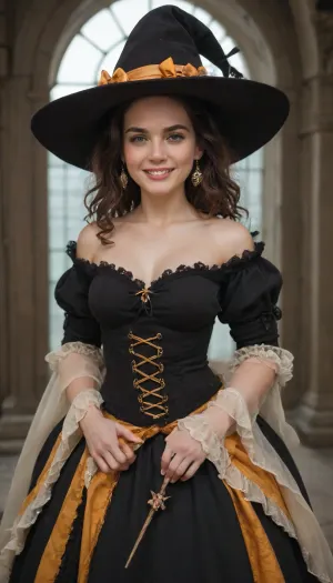 Photograph of a 22 year old woman with long, straight, dark brown hair, wearing a Halloween witch costume. She has a pale skin tone and is smiling. Her costume includes a large, pointed witch hat with black and yellow stripes and a white tip. She wears a black, off-the-shoulder corset with white puffed sleeves and orange bows, paired with a yellow and black layered skirt with orange accents. She holds a black, crooked wooden wand in her right hand. The background is plain white, making the vibrant colors of her costume stand out. The overall style is playful and festive