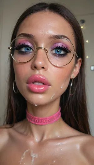 (18 years old petite tiny very fuckable drunk girl next door:1.7), masterpiece, (shiny skin), (((close-up face:1.8))), (skinny:1.5), brown long hair, (blue eyes), (bimbo-slut makeup:1.5), (random emotion:1.4), (((very very big long eyelashes))), (very busty:1.7), (ab crack), ((wet Skin)), ((round glasses)), choker, (cum on skin:1.3), covered long erect nipples, (in the shower), ((she is wearing fishnet stockings contrasting)), shadows, bright light patches, light caustics, (Dynamic angle:1.5), (((best quality))), amazing quality, high contrast, volumetric lighting, intricate details, view from side, (((photorealistic))), (((very big lips))), pink lipstick, <lora:illustrious_styles_v3_vpred:.1>, <lora:678016_training_data:.8>, facialized, superfacialized, <lora:facialized:.8>