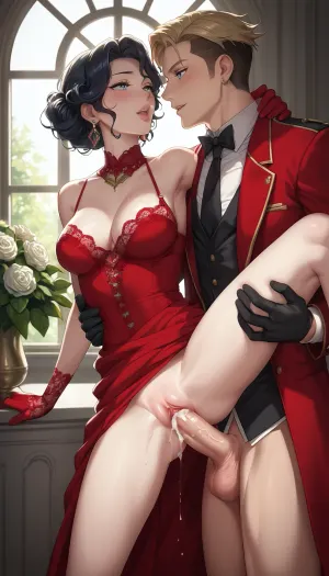 Tuileries Garden in Paris, a man and a woman, in the background the most famous monument of the Tuileries Garden, romance and passion, a muscular shirtless man having sex with a woman wearing a wig, with her dress lifted, standing with her legs apart, leaning on the curb of the park area, a woman in a red dress and red lace gloves, arching her back, standing with her back to the man with his penis entering her rear, festive wig, half-open lips, legs spread apart, having sex with a man, natural lighting with soft shadows, studio background with monuments, close-up of the whole body, (clear details), perfect lighting, high resolution, perfect anatomy, studio lighting