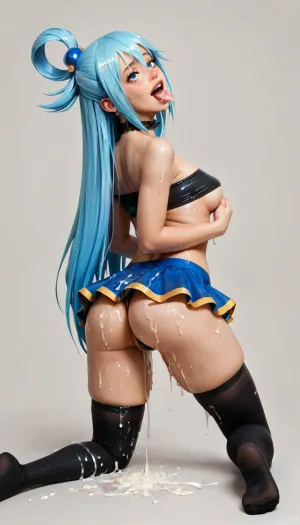 Aqua from konosuba, aqua, blue slick hair, pleasure face, wet skin, mini skirt, small breast, perfect teeth, small tits, cleavage, realistic face, sexy wear, perky, thick thighs, (thick hips), very petite, thong, dynamic pose, very wide thigh gap, very tight, long black latex socks, sexy dynamic pose, thin tube top, cum everywhere, under boob, butt up, back view, detailed choker, full body, tongue, out, ahegao, drool, NEGATIVE_HANDS, (ultra, HD, quality, details), (symbol), Aqua, Konosuba, <lora:ahegao_mr_chrisma:.8>, <lora:sfb_v3:.8>, <lora:ahxl_v1:.8>, <lora:aqua_xl_v1:.8>