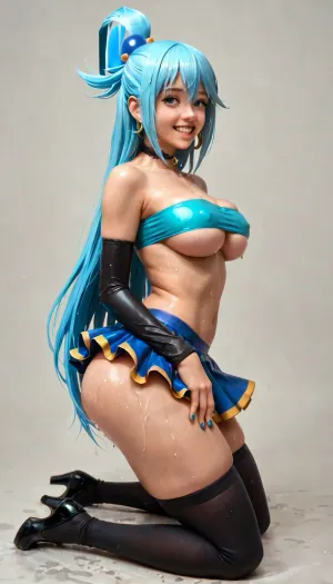 Aqua from konosuba, aqua, blue slick hair, pleasure face, wet skin, mini skirt, big breast, perfect teeth, big tits, cleavage, realistic face, sexy wear, perky, thick thighs, (thick hips), very petite, thong, dynamic pose, very wide thigh gap, very tight, long black latex socks, sexy dynamic pose, thin tube top, under boob, butt up, detailed choker, full body, NEGATIVE_HANDS, (ultra, HD, quality, details), (symbol), Aqua, Konosuba, <lora:sfb_v3:.8>, <lora:ahxl_v1:.8>, <lora:aqua_xl_v1:.8>, 4ng3l, face, <lora:SDXL_BetterFaces-LoRA_v1:.8>