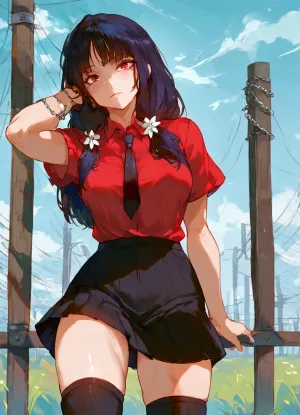 A 1girl with long black hair and pale skin stands outdoors, looking at the viewer with red eyes. She wears a collared shirt, black skirt, black socks, and knee-highs. Her black boots have chain-link fences around them, and she has black neckties and eyelashes. She is standing in front of a fence, with her hand on her own cheek and another hand on her own face. The scene is set during the day with a blue sky and power lines visible. Shiny clothes add to the aesthetic, and the environment is bathed in natural light, creating an ethereal and powerful atmosphere., 2d, anime, hand-drawn, digital, sketch, style, (<lora:HandDrawnAnimeV1:1.2>)