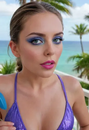 bimbo woman, high detail of the face, individual standing outdoors on a balcony overlooking a tropical beach and ocean. The person is wearing a blue, two-piece swimsuit consisting of a triangular top and matching bottoms with medium coverage., (big lipstik purple:1.3), Their hair is styled in a neat braid, and they are gazing directly ahead with a relaxed posture., ((makeup:1.3), long blue eyelashes, green eye shadow, glossy pearl lipstick), The background includes clear skies, a distant ocean horizon, palm trees, and elements of a modern building. The scene exudes a sunny, vacation-like atmosphere., artoflips, uoclips, lips, lipstick, art, of, CUM, DONATION, ASSISTANCE, FELLATIO, TITS, SEX, HANDJOB, FOOTJOB, AFTER, VAGINAL, makeup, eyeliner, eyelashes, <lora:Art_Of_Lips_PONY_XL_By_UOC:.9>, <lora:CUM DONATION ASSISTANCE:2>, <lora:Modern_MakeUp_XL_v0_1:1.7>