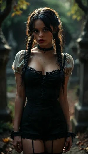 View from thighs up of busty adult Wednesday Addams standing in dark catacombs wearing black panties, interested, gorgeous, 24 years old, large natural breasts, black wavy messy hair with braided pigtails, big expressive eyes, long eyelashes, eyeliner and mascara, eye contact, pink lipstick, subtle smile, dark catacombs background, but, <lora:MJ52:2>, <lora:add-detail-xl:2>, <lora:BUT_SDXL_SHS:.3>, <lora:dark:.9>
