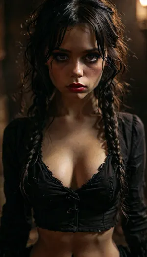 View from thighs up of busty adult Wednesday Addams standing in dark catacombs wearing black panties, interested, gorgeous, 35 years old, large natural breasts, black wavy messy hair with braided pigtails, big expressive eyes, long eyelashes, eyeliner and mascara, eye contact, pink lipstick, subtle smile, dark catacombs background, but, <lora:MJ52:2>, <lora:add-detail-xl:2>, <lora:BUT_SDXL_SHS:.3>, <lora:dark:.9>