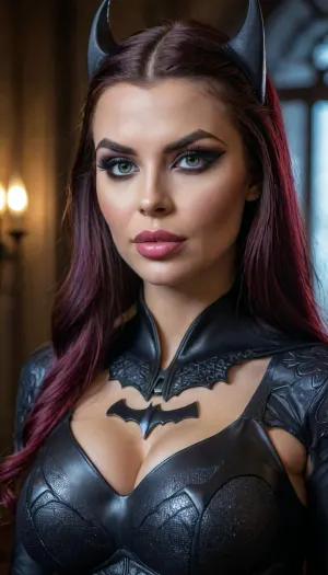 gothic busty beauty batgirl, bmbplora, <lora:bimboxl_02:2>