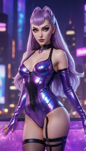She's have Evelynn K/DA ALL OUT appearance, League of Legends, female character, glamorous, seductive expression, long lavender hair, holographic texture, high heels, elegant pose, glowing lights, futuristic city background, neon colors, detailed face, perfect makeup, shiny latex fabric, cinematic lighting, ultra detailed, high quality, masterpiece, 8k, hyperrealistic, fantasy pop idol aesthetic, holographic reflections, vibrant atmosphere, confident attitude, stylish diva, <lora:EvelynnKDA-000007:1.2>