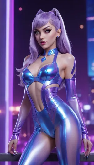 background is a blue Studio, she's have Evelynn K/DA ALL OUT appearance, League of Legends, female character, glamorous, seductive expression, long lavender hair, silver-blue outfit, holographic texture, high heels, elegant pose, glowing lights, futuristic city background, neon colors, detailed face, perfect makeup, shiny latex fabric, cinematic lighting, ultra detailed, high quality, masterpiece, 8k, hyperrealistic, fantasy pop idol aesthetic, holographic reflections, vibrant atmosphere, confident attitude, stylish diva, <lora:EvelynnKDA-000007:1.2>