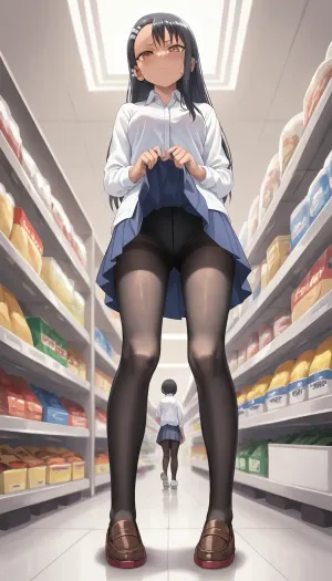 Nagatoro, Hayase Nagatoro, Surrender by man, view from below, from below, 1girl, solo, collared white shirt, buttoned jacket, pleated skirt, skirt lift, lifted by self, annoyed, black pantyhose, full body, in supermarket, <lora:skirt lift XL V2:.5>