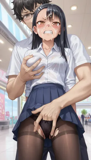 Angry, Hayase Nagatoro, cum on face, (groping her exposed pussy + fingering pussy), white collared shirt, pleated skirt, Black pantyhose, black hair male fingering through clothes, male hand in female panties, standing, mall background, (Comfyui with controlnet), Model