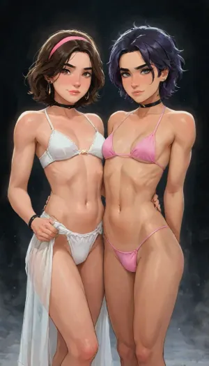 Andava, Andavaverse, Alexis And Angelia Traveling With Their Family Arriving At Sunayama Beach The Picturesque Cove On Miyako Island Known For Its Powdery White Sand, Turquoise Water And Iconic Rock Arch Posing For A Picture.

ALEXIS ROTH, age 23, on the left side, petite fit femboy, Height 5'5, A stylized anime-style featuring a feminine, androgynous anime character with bright-blue eyes, black hair and a pink headband, wearing white bikini with bikini bottom flowing skirt, visible penis bulge, showing toned abs and a relaxed, confident expression, coy smile, black nails, The character is muscular yet slender, flat chest, blending masculine and feminine features.

ANGELIA PELO ROTH, age 21, on the right side, petite model, Height 5'3, A confident young woman with wavy shoulder-length hair dyed in rich two-tone purple with slight magenta-highlights, parted slightly to the side, bright-grey eyes, wearing pink micro bikini, She has a toned body, small breasts, athletic midriff exposed. She accessorizes with a black choker around her neck, a thick black sweatband on one wrist, Her expression is confident and playful, slightly smug or teasing.The aesthetic is alt-girl, modern streetwear with punk/grunge influence.

perfect anatomy, best quality, 8k, insane details, intricate details, hyperdetailed, hyper quality, ultra detailed, professional, HDR, ray tracing reflection, cinematic lighting, highlydetailedbody, realisticface, highlydetailedhair, perfectfingers, insanelydetailed, 8K.highdetailedskin, highresolution, (j_cartoon:1.5), Drawing, Andi, uberfit, muscular, athletic, <lora:467443_training_data:1>, <lora:detailed_notrigger:2>, <lora:samdoesarts1.1-000030:.4>, <lora:J_cartoon:.3>, <lora:Animated_Concept:.4>