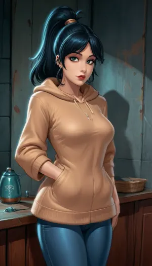 (reiq art style:1.6), 30 years old woman with glamorous goth makeup, lipstick, wearing tight jeans and a beige hooded sweatshirt and backpack, black hair, ponytail, looking at viewer, alluring, inviting, (standing)