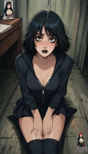 (reiq meets markgavatino artstyle:1.6), 25 year old, woman, chubby, overweight, thickset, heavy goth makeup, black lipstick, piercings, tattoos, wearing skirt, thigh high socks and a black hoodie sweatshirt unzipped all the way, showing bra with bulging cleavage, black hair in a bob, brown eyes, looking at viewer, embarrassed, scared, in office, (on knees beneath you, looking up at you, crying, tears, ruined makeup), male pov, deep perspective, doodle, ratatatat74, <lora:cutedoodle_XL-000012:2>, <lora:ratatatat74-000050:2>, <lora:NEOTOKIOXL_0.2_RC:2>, <lora:outline_xl_kohaku_delta_spv5x:2>