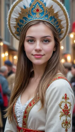 Renaissance style abstract expressionist painting waist portrait of cute girl wearing kokoshnik, new year street celebration background, . energetic brushwork, bold colors, abstract forms, expressive, emotional . Realistic, perspective, light and shadow, religious or mythological themes, highly detailed, <lora:Kokoshnik:1>