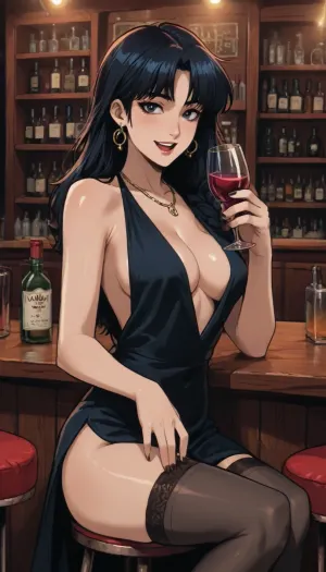 score_9, score_8, reiq meets markgavatino style, 1girl, breasts, dress, cup, black_hair, solo, side_slit, drinking_glass, jewelry, cleavage, large_breasts, open_mouth, earrings, bar_, (place), alcohol, black_dress, holding, bottle, smile, stool, bar_stool, plunging_neckline, holding_wine_glass, long_hair, thighs, freckles, black_nails, cocktail_dress, stockings, indoors, makeup, necklace, cute, doodle, ratatatat74, <lora:cutedoodle_XL-000012:.7>, <lora:ratatatat74-000050:.6>, <lora:NEOTOKIOXL_0.2_RC:.6>, <lora:outline_xl_kohaku_delta_spv5x:.6>