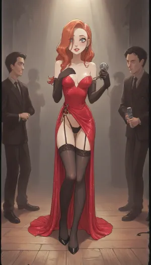 (Jack cayless art style), Jessica Rabbit stands on a dimly lit stage in a 1940s jazz club, bathed in a single spotlight. She is at a vintage microphone, her head tilted slightly, with a confident and mysterious expression. Her long, flowing red hair cascades over her shoulders, framing her face. She is wearing a dazzling, floor-length red sequined dress that shimmers in the light, dress pulled up, visible high-waisted black sheer thong, accentuating her figure, and long, elegant purple opera gloves that reach above her elbows. Black stockings with garters. The background is blurred, revealing silhouettes of a jazz band and a few tables with patrons in the smoky, dark club. The lighting is dramatic, with the spotlight creating sharp contrasts and deep shadows, emphasizing her silhouette and the sparkle of her dress and gloves. She looks at the viewer with intense embarrassment and fear, covering her bottom with her hand, viewed from behind, (cartoon), tooned, cartoon, low color palette, painted, illustration, made in illustrator, no gradients, incase style, concept, retro, futuristic, flat colors, masterpiece, <lora:ratatatat74-000050:.9>, <lora:outline_xl_kohaku_delta_spv5x:.5>, <lora:cartoon_stickers_xl_v1:.6>, <lora:NEOTOKIOXL_0.2_RC:.4>, <lora:DetailedEyes_V3:.6>